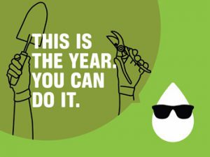 Graphic showing hands holding a trowel and garden trimmers with the text "this is the year you can do it."