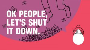 An illustration of booted legs in fallen leaves with the text "ok people, let's shut it down."