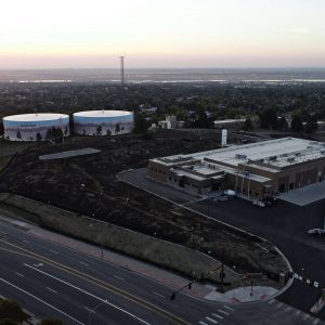 View of giant side-by-side water storage tanks from a drone