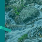 A graphic showing water dripping from an illustrated pipe into a picture of a river