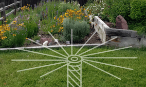 Sprinkler graphic on top of backyard landscaping