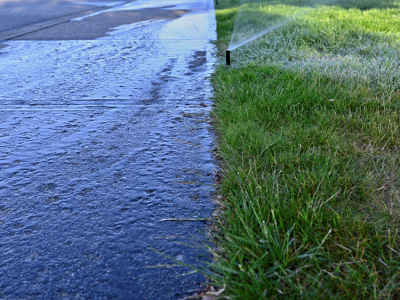 Sprinkler head operating next to driveway