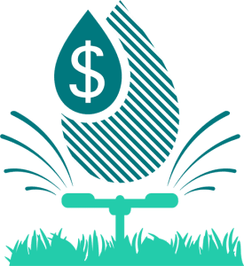 Dollar sign with a sprinkler head graphic depicting saving water outdoors