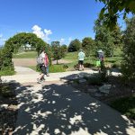 Four people looking at plants along a path in a park