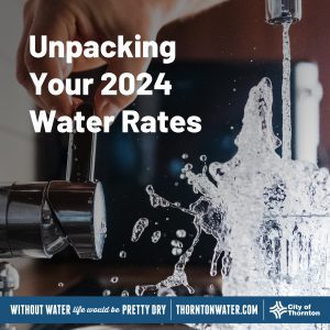 A running water faucet splashes water into a glass with the text "Unpacking Your 2024 Water Rates."