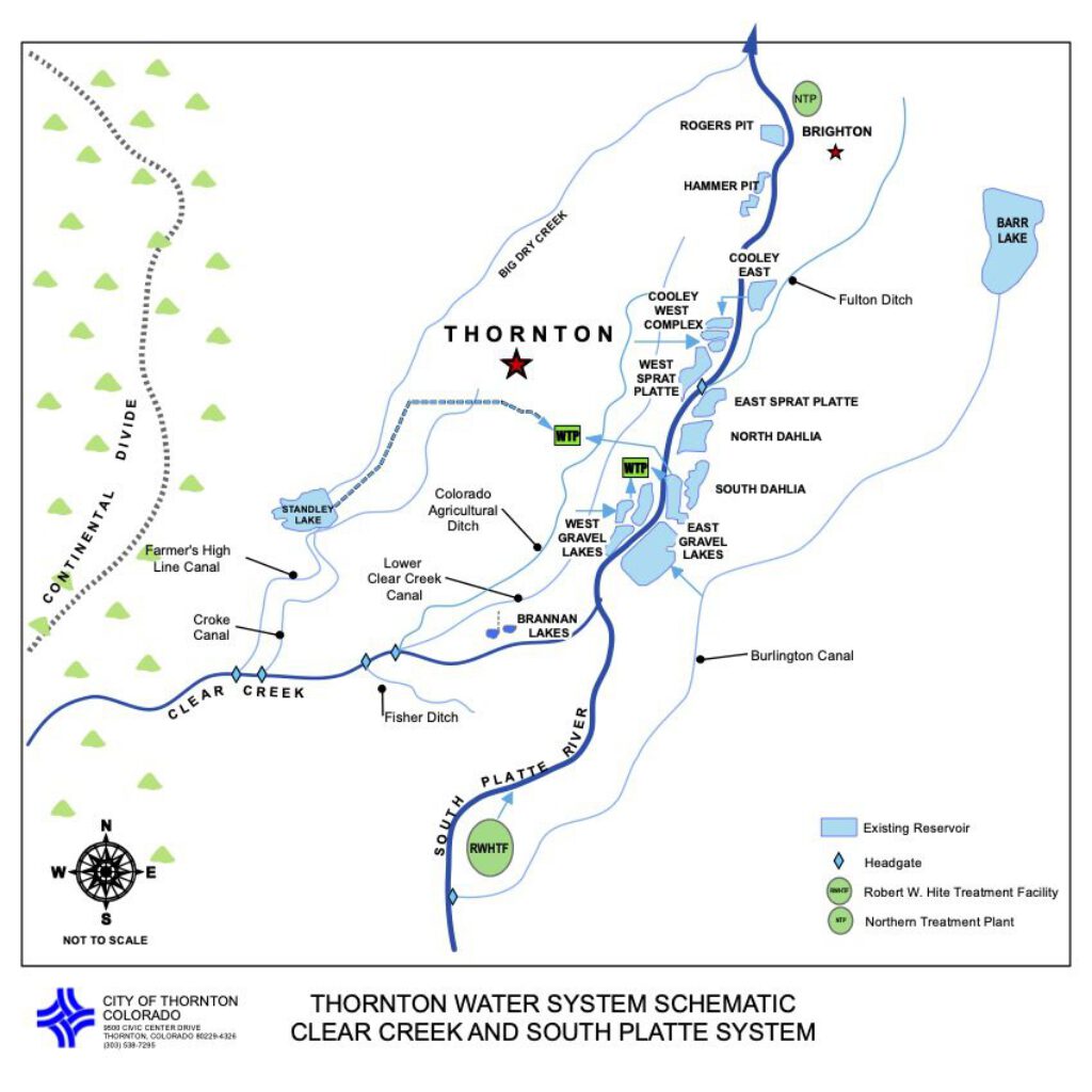 Map of Thornton, Colo. The map points out the locations of the city’s water treatment facilities. The Wes Brown Treatment Plant is southeast of the heart of Thornton, called out in the middle-right of the map. The Thornton Water treatment plant is just south of the city’s center, shown in the middle of the map.
