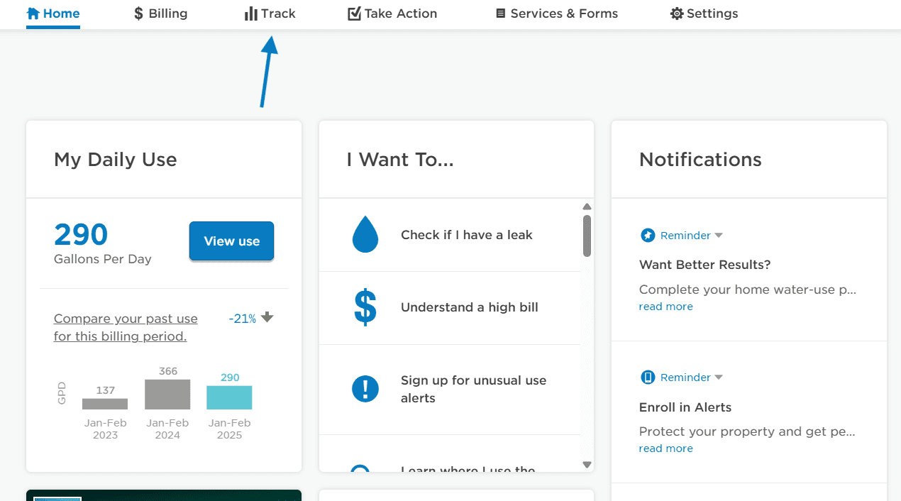 customerhomescreen_needtoeraseaddressandaccountinfo-1 WaterSmart Portal home page, showing daily use, options to navigate the portal and notifications tabs.
