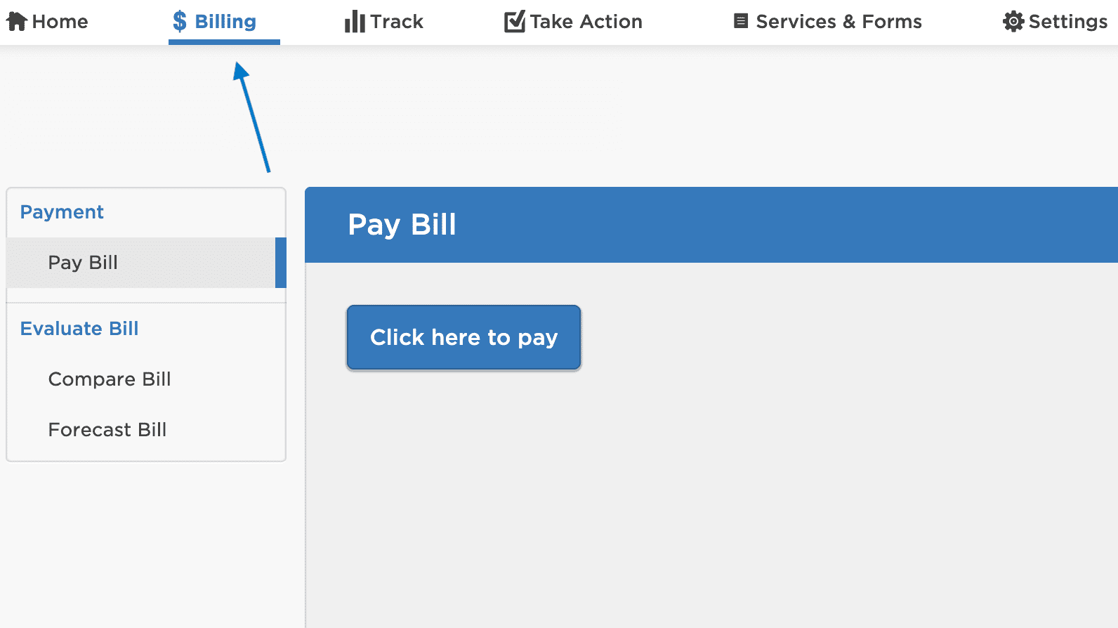 screenshot-2025-06-12-at-9.39.00am Water Smart portal billing tab shows where you can pay a bill, compare a bill or forecast a future bill.
