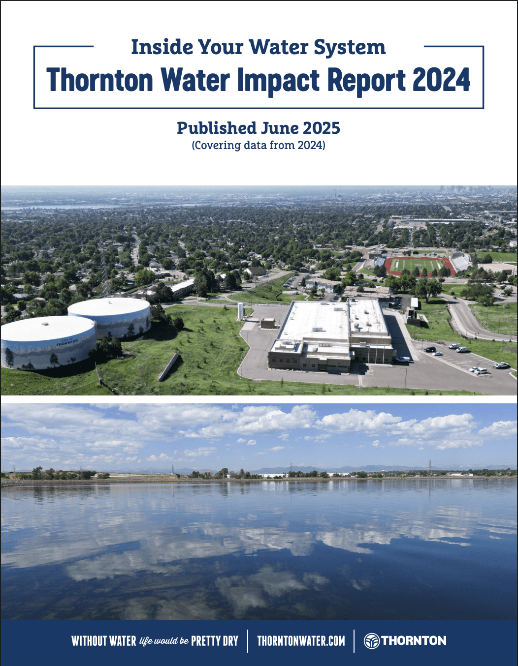 Image of a lake and a birds-eye view of a water treatment plant. Text reads: "Inside Your Water System, Thornton Water Impact Report 2024, Published June 2025."