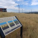 Tall yellow grass hillside with a small building on top, light poles and a blue sky in the background. In the foreground, an informational plaque reads: “Creating Sustainable Landscapes.”
