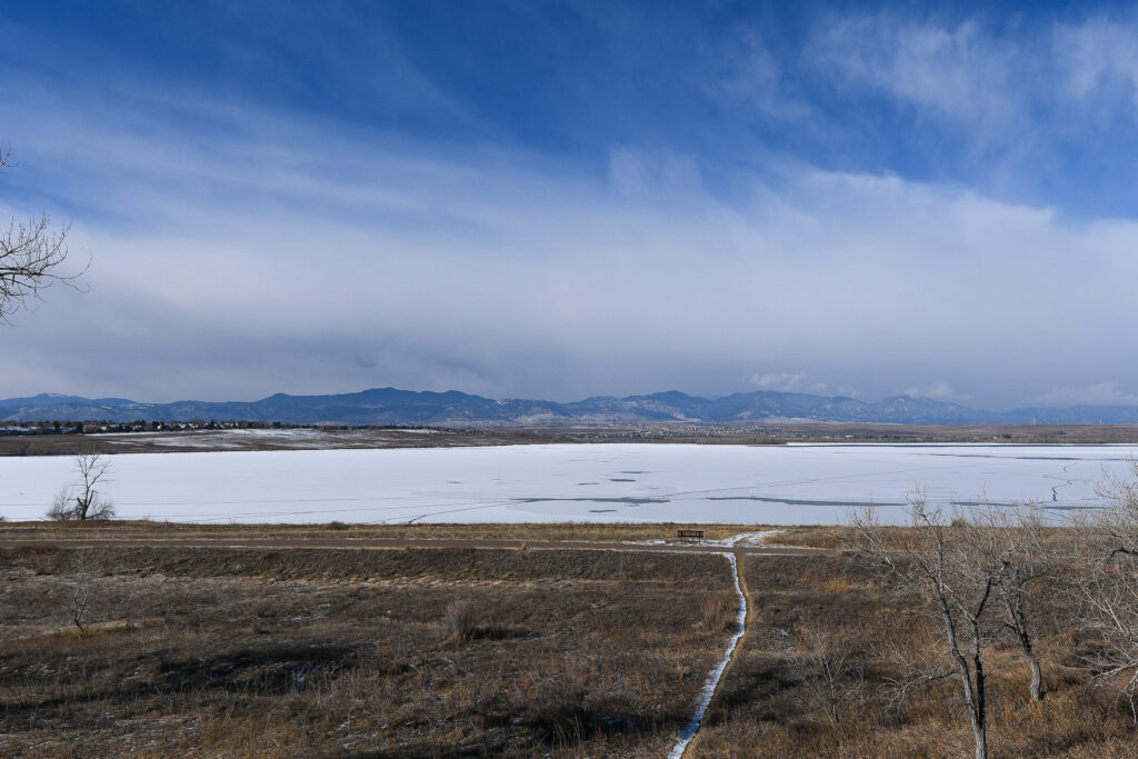A partially frozen lake with dry grasses and brush along the shore. In the distance, bare mountains are blanketed by grey clouds.