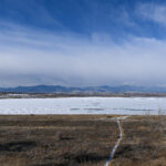 A partially frozen lake with dry grasses and brush along the shore. In the distance, bare mountains are blanketed by grey clouds.