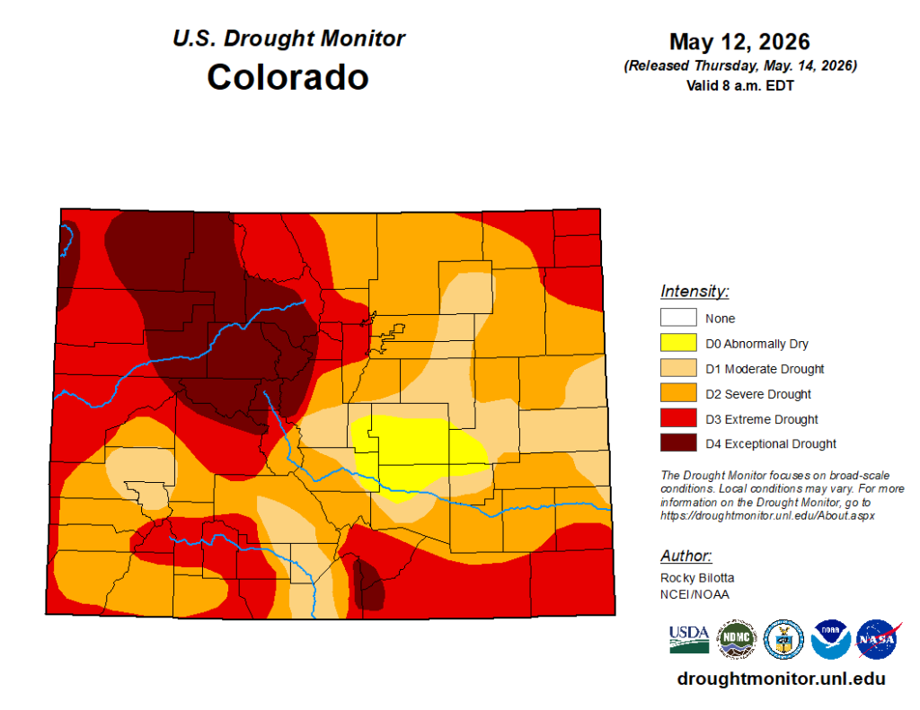 may_drought-monitor Map of Colorado drought conditions, ranging from yellow (abnormally dry), tan (moderate drought), orange (severe drought), red (extreme drought) to dark red (exceptional drought). Most of the state shows tan or orange for moderate or severe drought, while the northwest corner and central section of the mountains ranges from extreme to exceptional drought conditions.