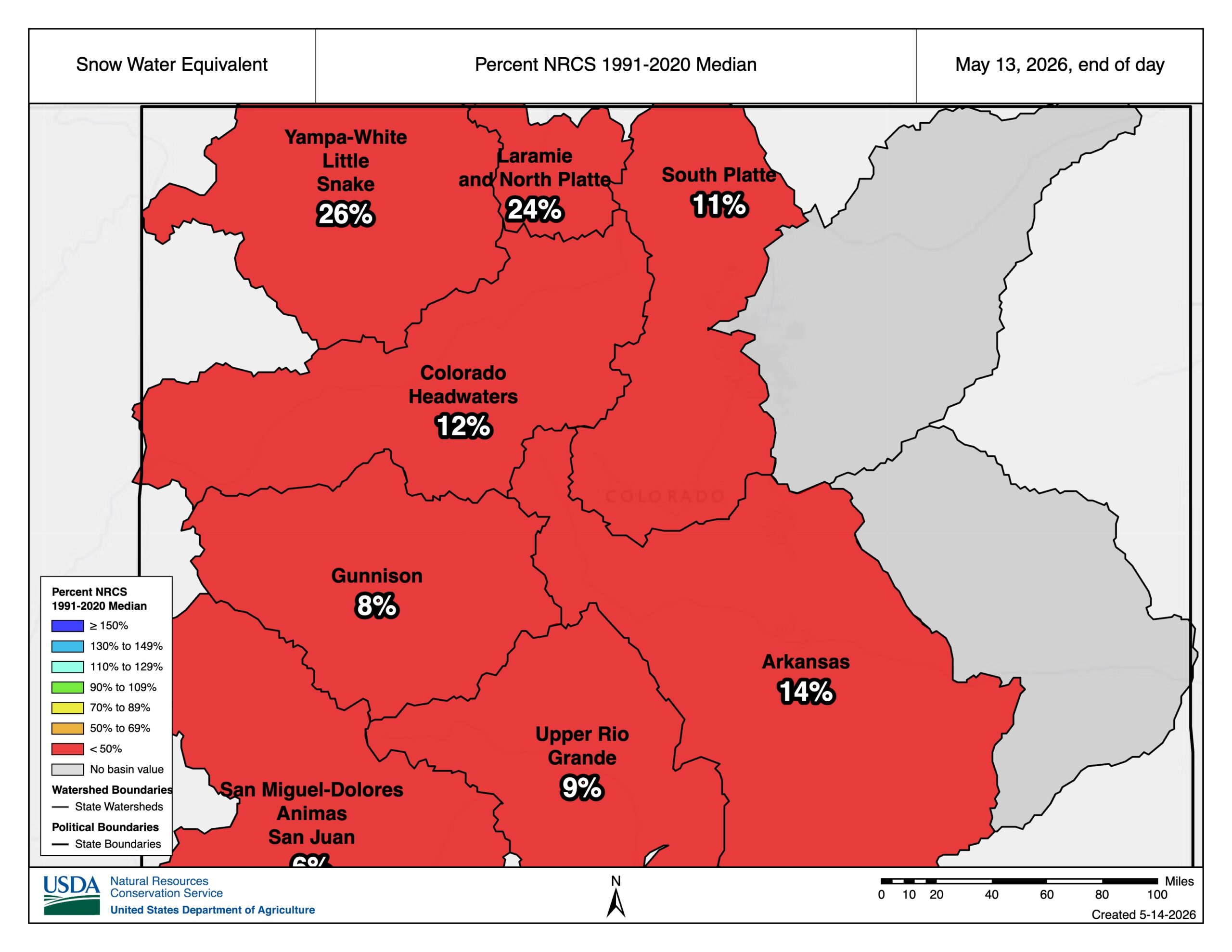 snow_water_equivalent_percent_nrcs_1991-2020_median_may_13_2026 Map of snowpack in the Colorado Rocky Mountains as of May 13, 2026, measured as a percentage of the 1991 to 2020 median snowpack. All basins are shown in red and reflect less than 26% the median snowpack.