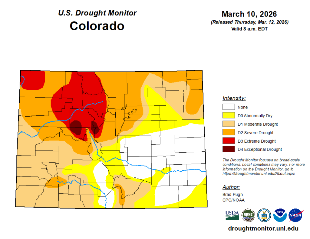 usdroughtmonitor_260310 Map of Colorado drought conditions, ranging from white (no drought), yellow (abnormally dry), tan (moderate drought), orange (severe drought), red (extreme drought) to dark red (exceptional drought). Most of the state shows yellow or tan for dry or moderate drought, while the northwest corner and central section of the mountains ranges from severe to exceptional drought conditions.