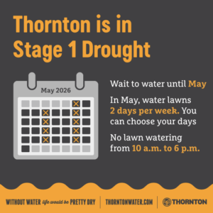 Stage 1 Drought Graphic 1 Yellow and grey graphic with a calendar showing an X twice a week. Text reads: “Thornton is in Stage 1 Drought. Wait to water until May. In May, water lawns 2 days per week. You can choose your days. No lawn watering from 10 a.m. to 6 p.m.” A small footer reads: “Without water life would be pretty dry, ThorntonWater.com, Thornton.”
