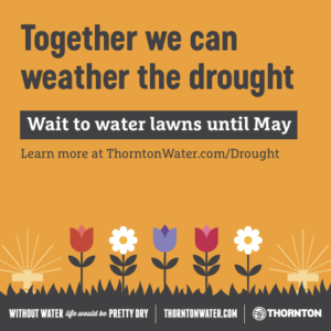 screenshot-2026-04-06-at-3.50.18-pm Yellow background with gray text, colorful flower icons and small sprinklers. Text reads: "Together we can weather the drought, wait to water lawns until May, learn more at ThorntonWater.com/Drought." Small footer text reads: "Without water life would be pretty dry, ThorntonWater.com, Thornton."