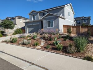 front-yard-wood-mulch-plant-bed A gray and white house with small shrubs, wood mulch and a stone pathway in the front yard on a sunny day.