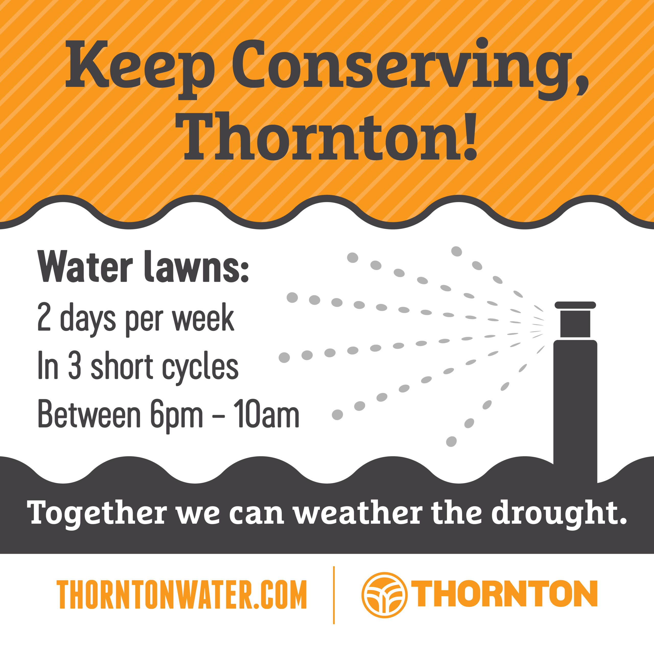 tw_droughtbusshelter_socialpost_260716-1 A graphic that reads 'Keep conserving Thornton! Water Lawns: 2 days per week in three short cycles between 6om and 10am. Together we can weather the drought"